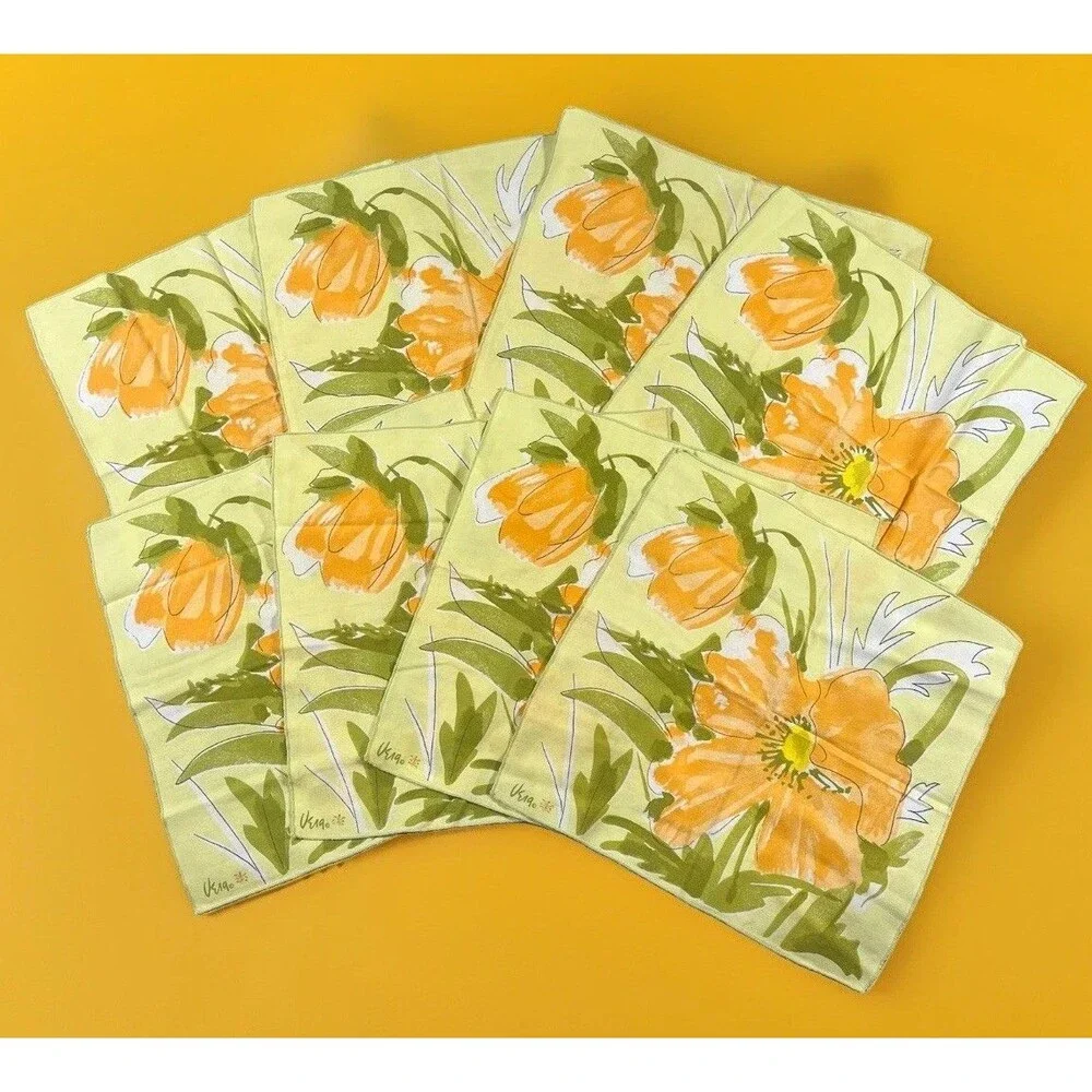 VERA Neumann Vintage MCM Orange Poppy Flower Yellow Napkins 15X15” Set of 8